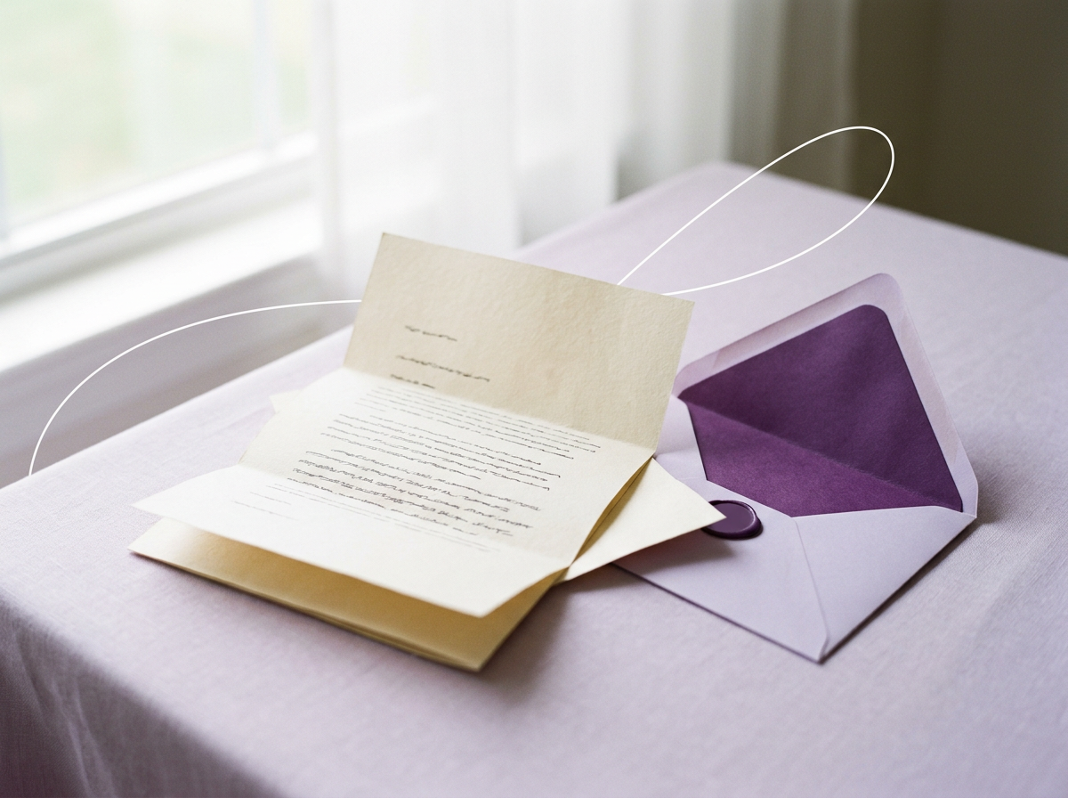 An unfolded letter and a lilac envelope with a purple wax seal on a table by a window