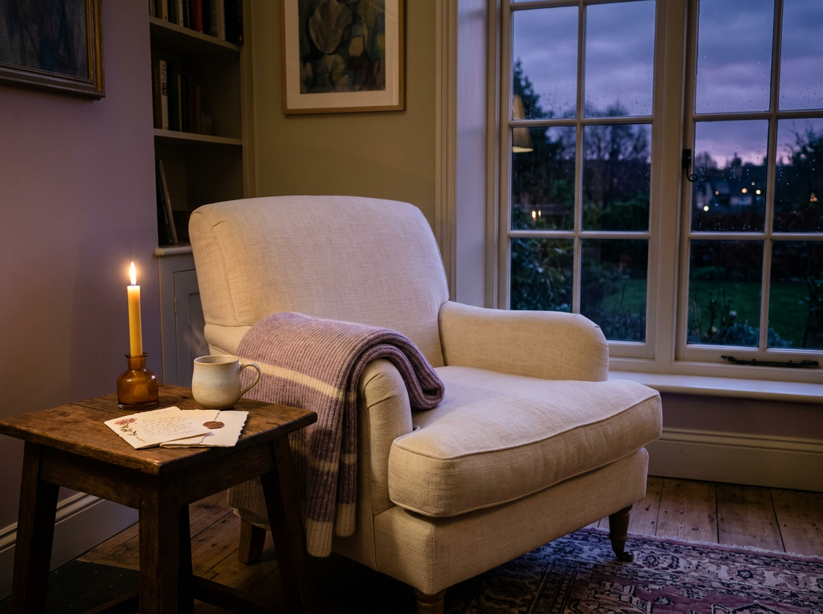 A cream armchair with a lilac throw beside a window at dusk, a candle and a card on the side table