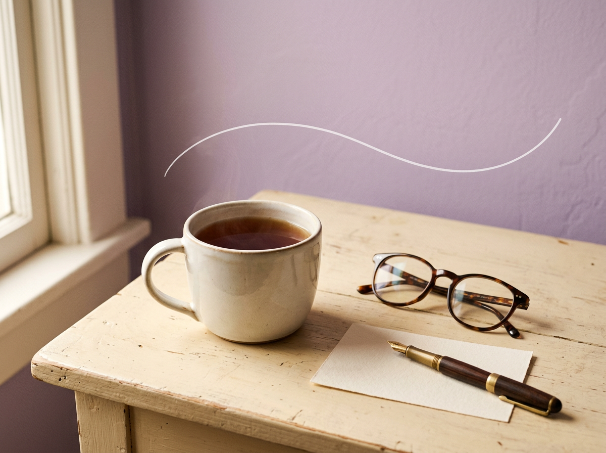 A cup of tea, tortoiseshell glasses and a blank card with a fountain pen on a worn cream table against a lilac wall