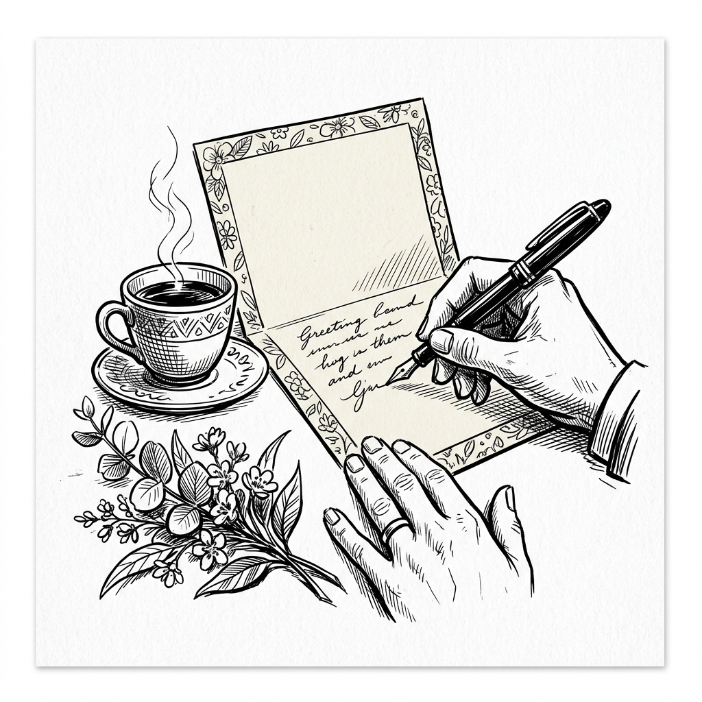 Pen-and-ink drawing of a hand writing a card beside a steaming cup and a sprig of flowers