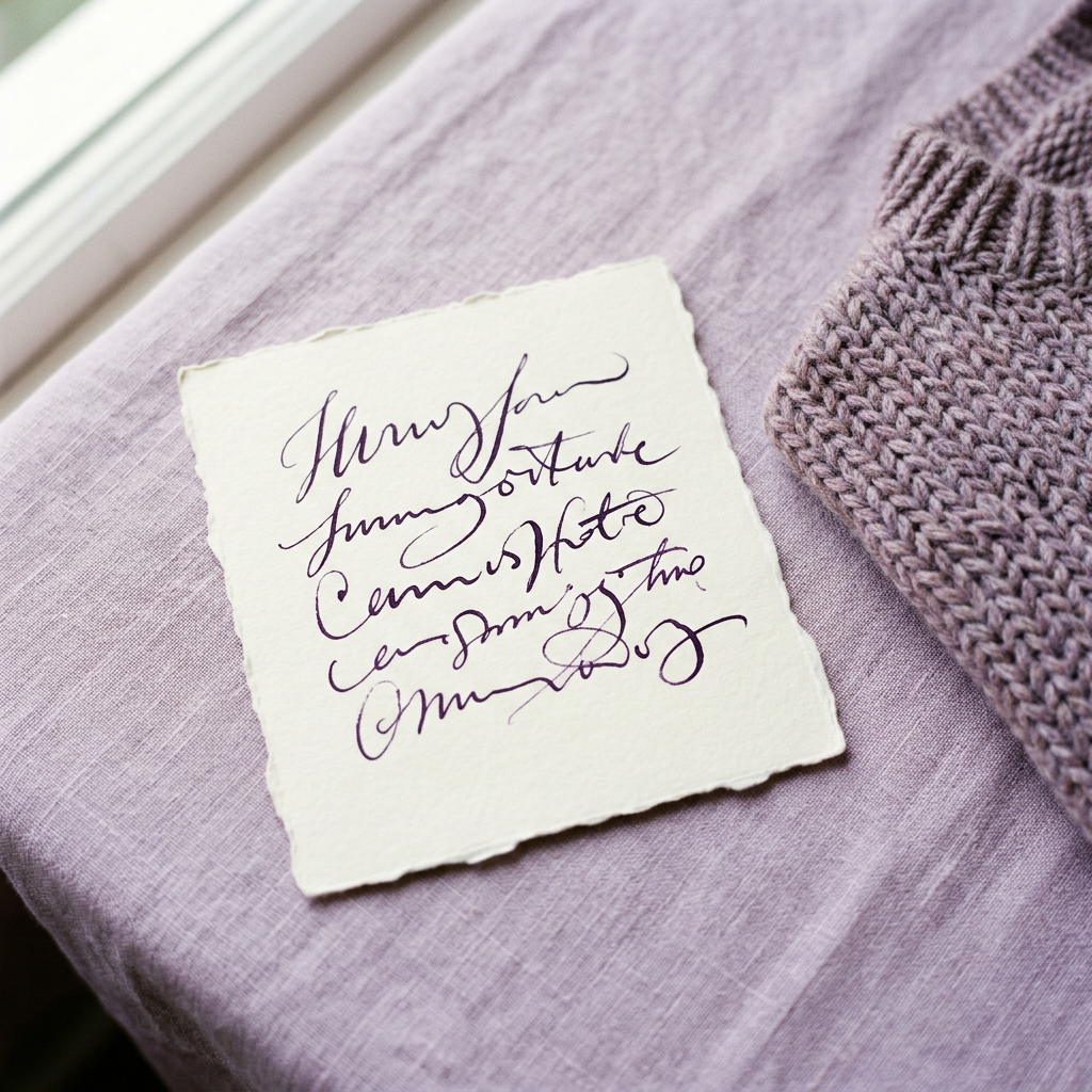 A cream card with purple ink handwriting on lilac linen beside a knitted sweater