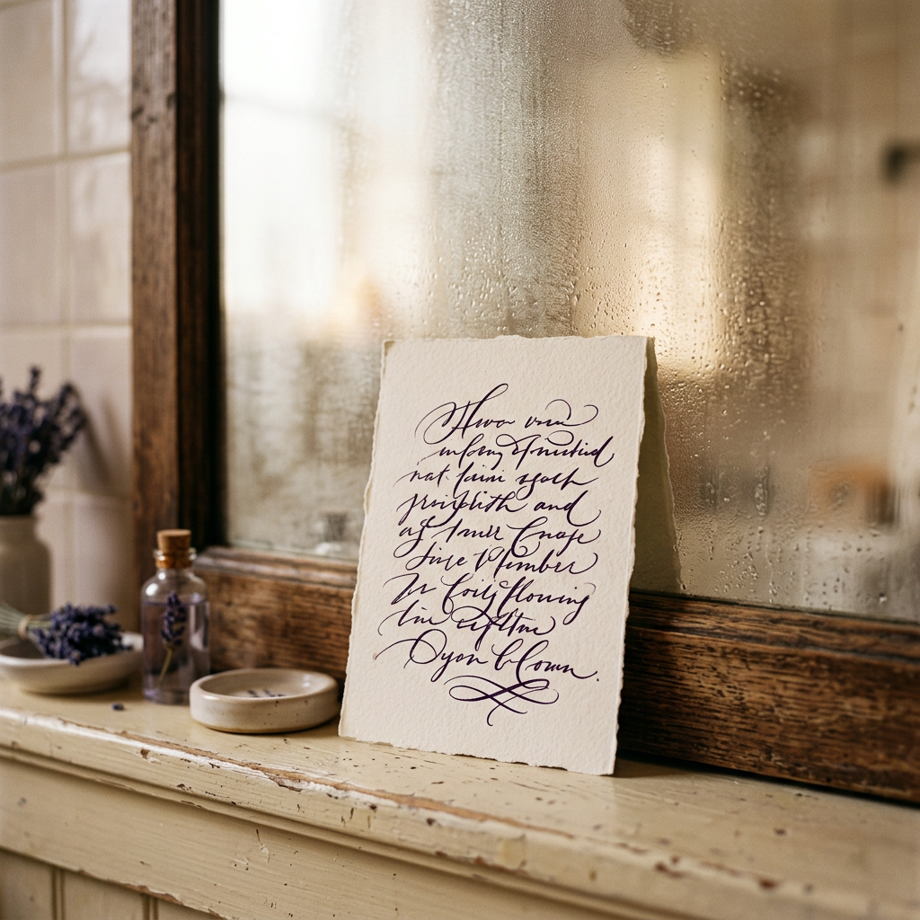 A handwritten card propped on a worn windowsill in front of a steamy mirror, with lavender
