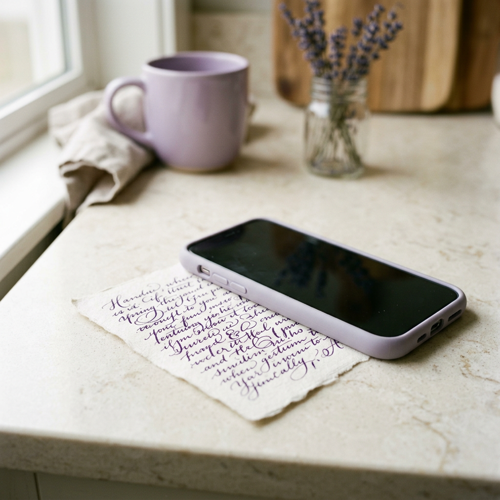 A phone resting face down on a handwritten card on a kitchen counter next to a lilac mug