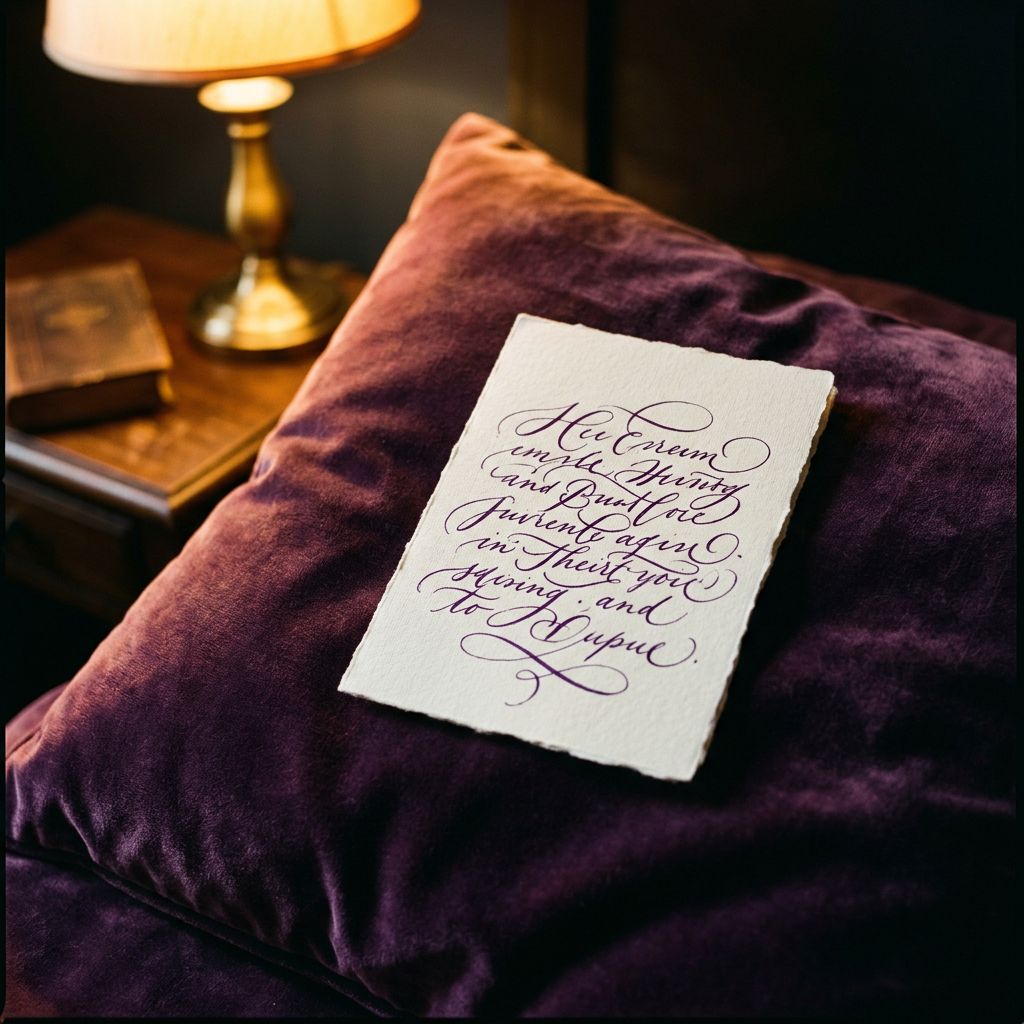 A handwritten card on a purple velvet cushion beside a lamp