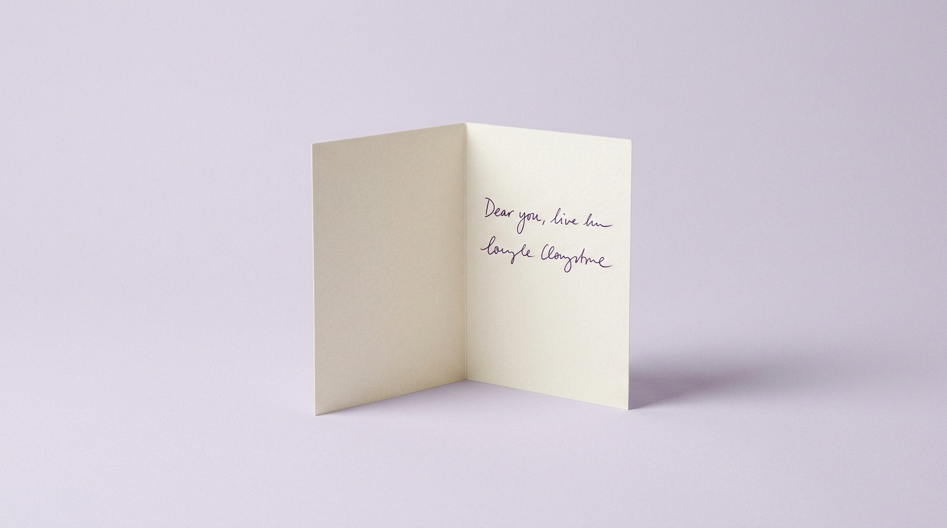 A sample folded card standing open, with the words Dear you, handwritten inside, on a pale lilac backdrop
