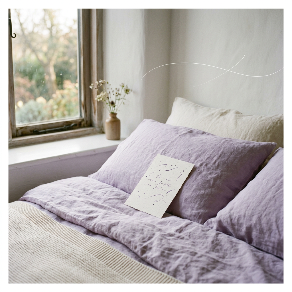 Early light through a window onto lilac linen bedding with a handwritten card on the pillow
