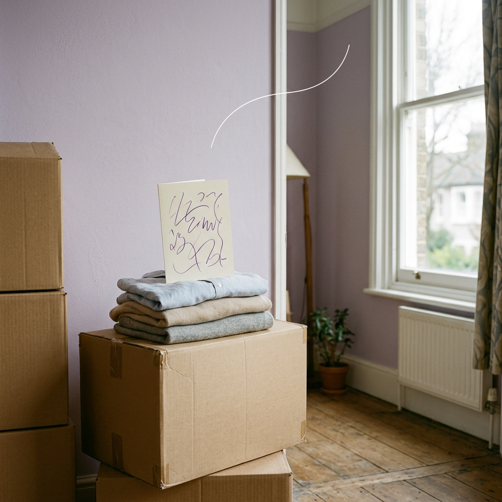 A card propped on a stack of folded clothes on a cardboard box in a half-packed room with a lilac wall