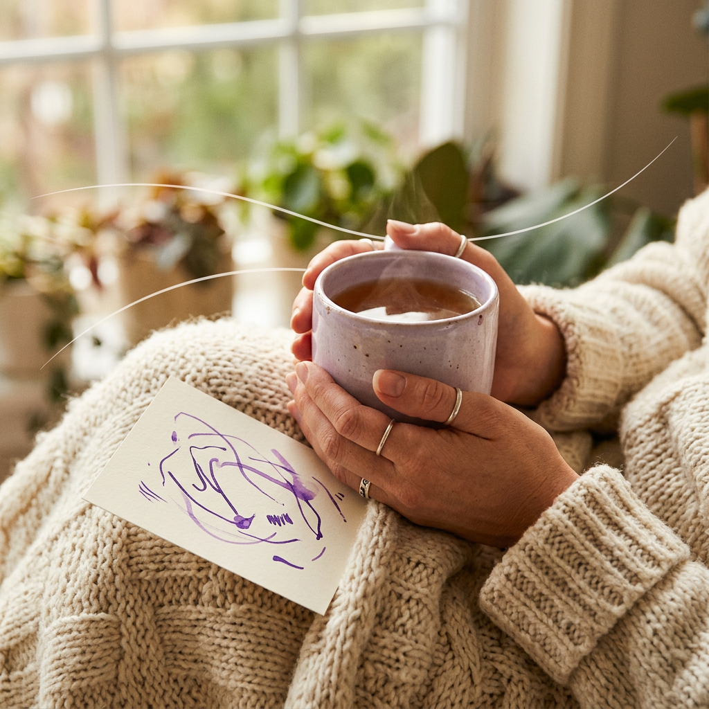 Hands holding a lilac mug of tea over a knitted blanket with a handwritten card resting on a knee